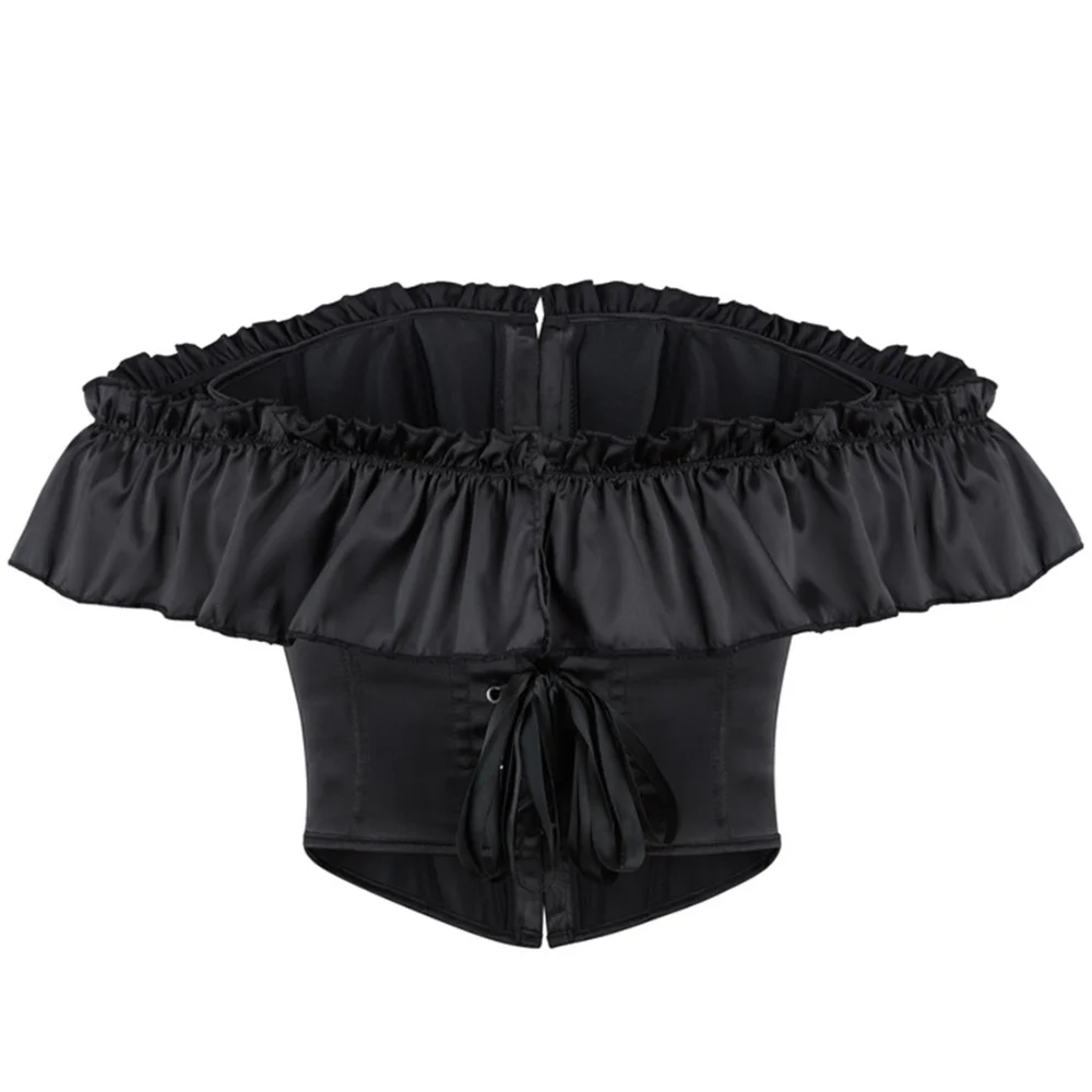 Women Short Off Shoulder Ruffle Corset Top Satin Bustier Front Busks Closure Back Lace Up Sexy Body Shaper Party Clubwear