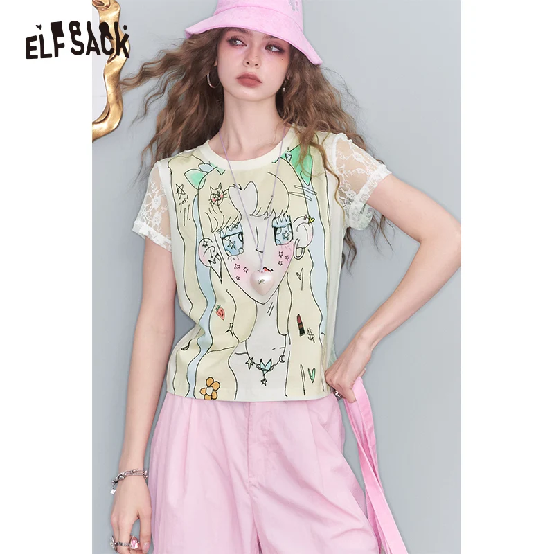 

ELFSACK 2025 Summer New Arrival Sweet Cool Y2K Lace Splicing Anime Print Short Sleeve T-Shirt For Women