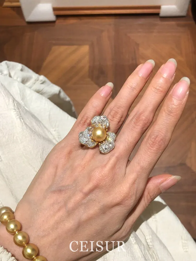 

Flash! Elegant pearl dot diamond large flower ring, light luxury and luxury, French vintage ring banquet high-end atmosphere