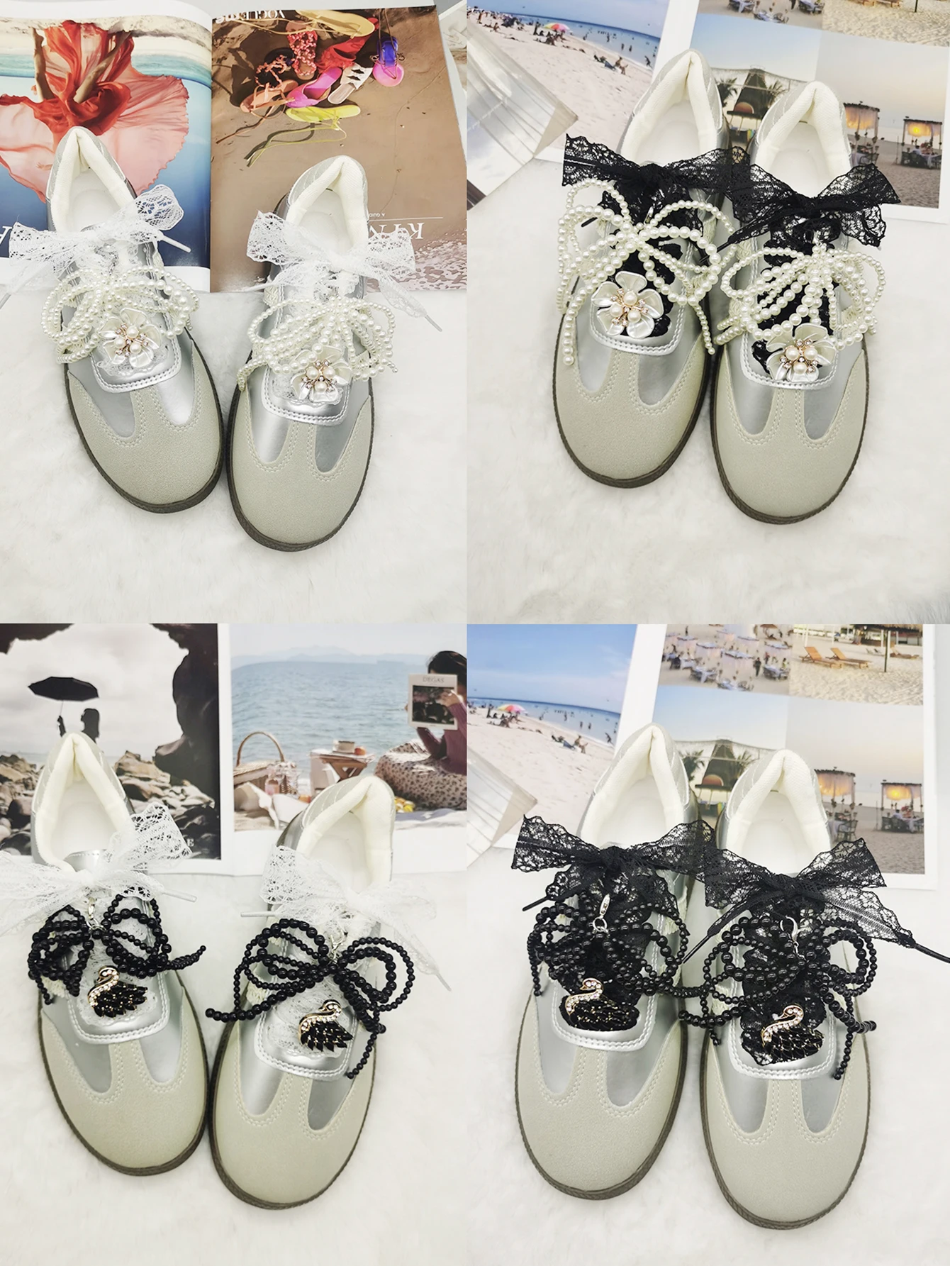 6PCS Spitze Schnürsenkel Dekor Barock Faux Perle Bogen Schuh Anhänger Dekorationen Blume Schnürsenkel Clips Zubehör Schwan Schuh Schnallen – Detail 9