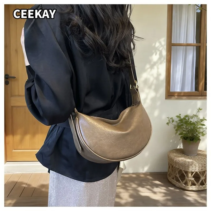 CEEKAY Wrinkle Wax PU Crescent Shoulder Bag Adjustable Gold Ring Wide Strap Women Minimalist Daily Small Underarm Purse
