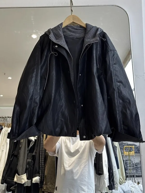 

Extra Large 300 Pou Color Blo PU Leather Jaet with Hood for Men Casual Loose Fit Vintage American Sle Autumn Winter ...