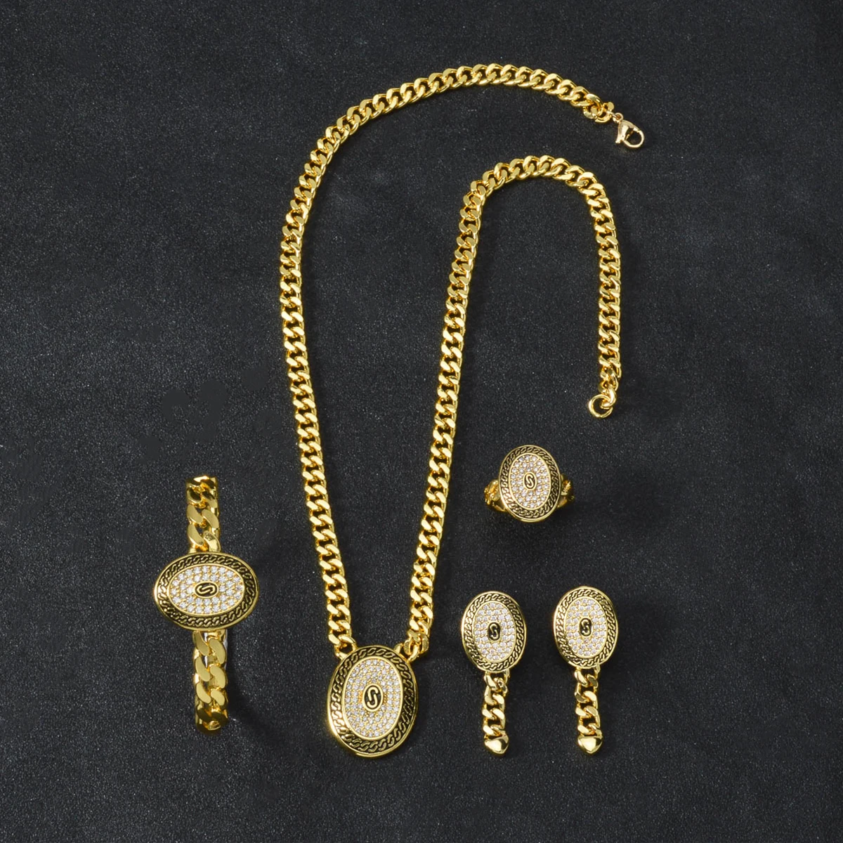 4 In 1 Jewelry Kit Gold Tone Cuban Chain Crystal Decor Pendant Necklace Bracelet Ring Earrings Ornament For Dating Banquet