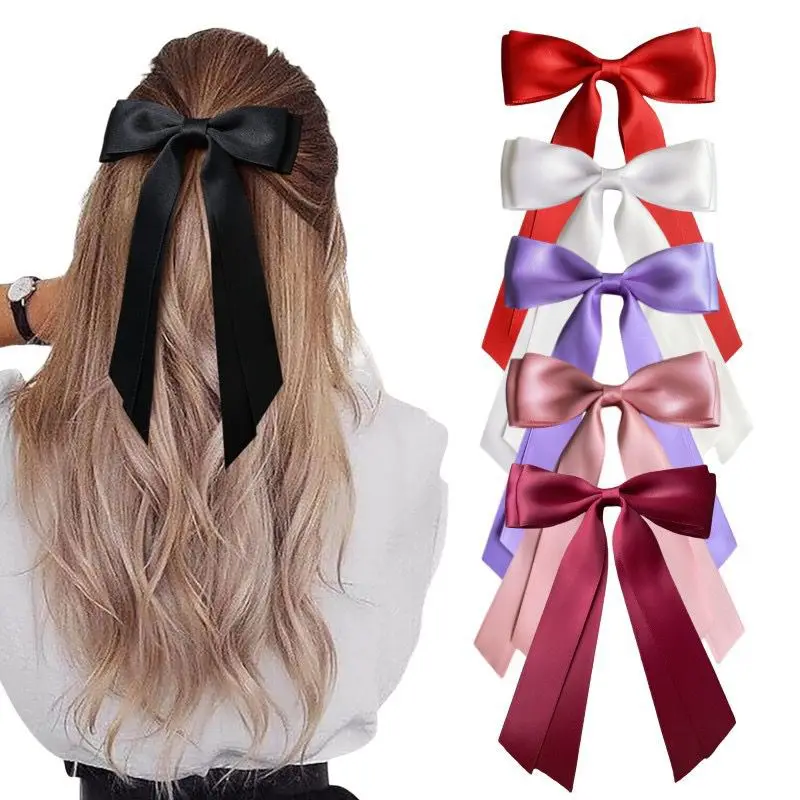 

24pc/lot 5" Solid Color Long Satin Ribbon Bow Hair Clips Women Girls Long Tails Hairpins Baby Bowknot Barrettes Kids Headwear