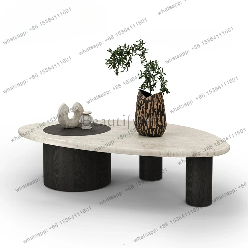 

Superficie in pietra bianca naturale + legno massello di rovere/tavolino da caffè moderno in marmo ovale color crema