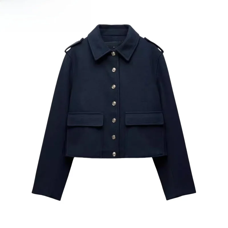 

Autumn Winter New Women's Soft ort High Waist Navy Blue Gold Button Jaet Coat Sli Versatile Straight Cut Long Sve
