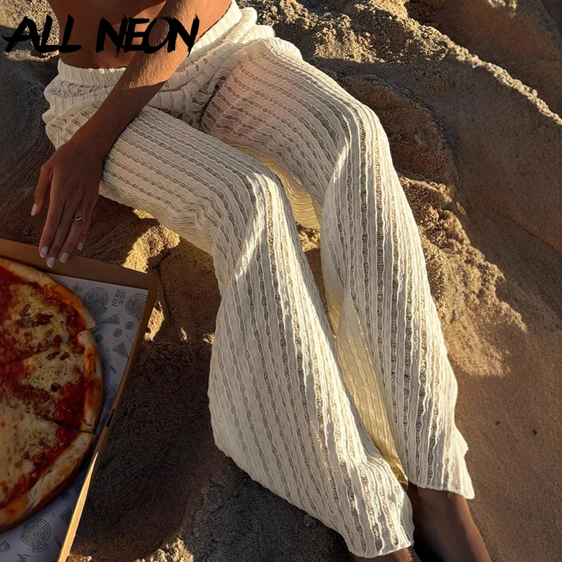 

ALLNeon Holiday Bottoms Y2K Aesthetic Hollow Out Full Length Pants Solid Beachwear Summer Trousers 90s High Waist Straight Pant
