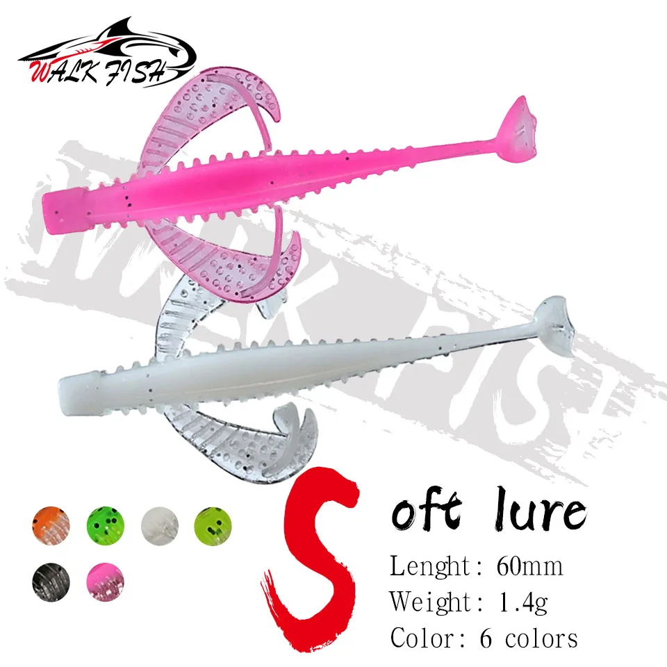 WALK FISH-señuelo de pesca de 10 piezas, 60mm, 1,4g, cebo suave de Pit negro, gusano de paleta de pato, aparejos de pesca t-tail, Drop-Shot, Jig Head Lake Ocean