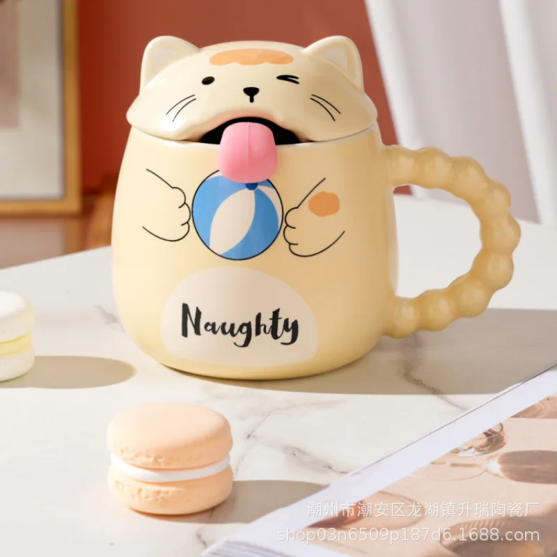 Ceramic Water Cup, Cute and Funny, Ceramic Cat Child Cup with Lid, Spoon, Gift, Holiday Companion Cup