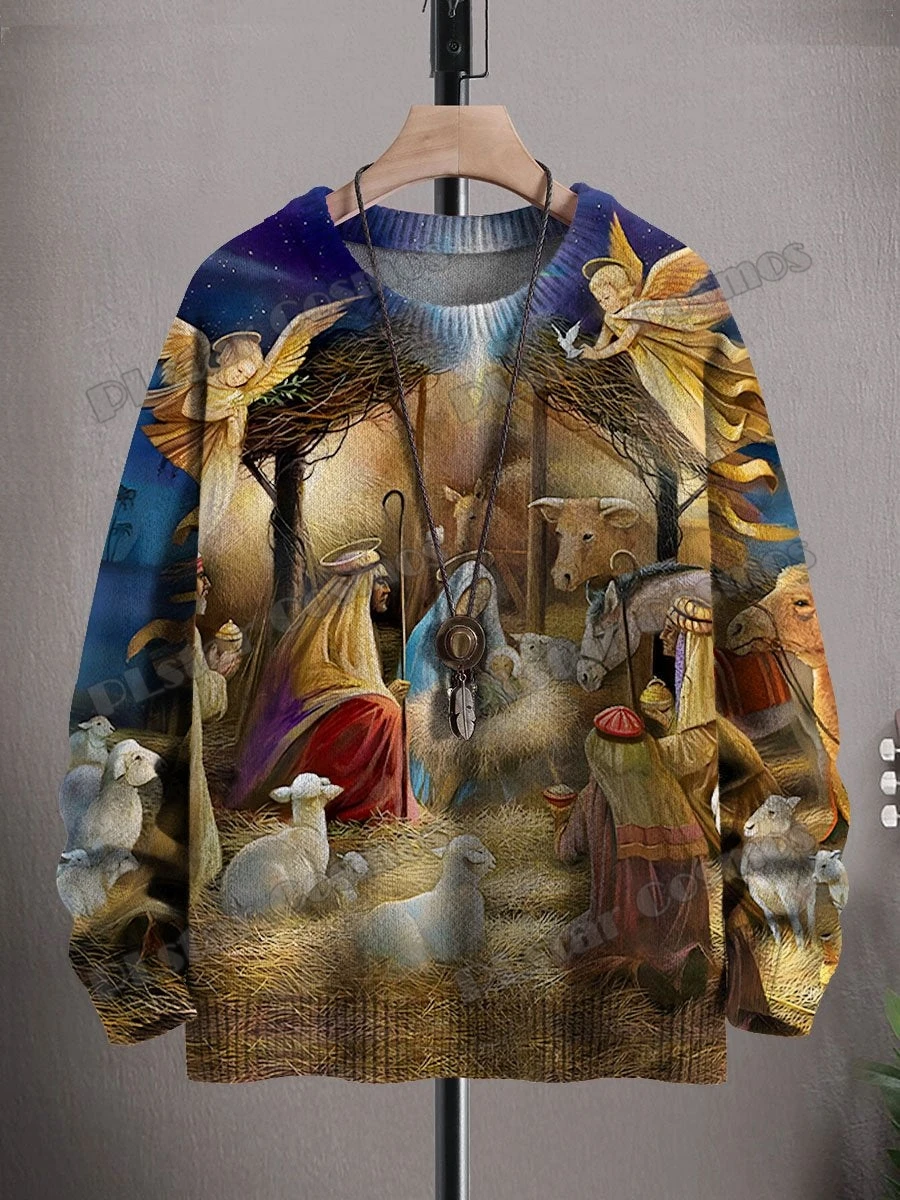 Christmas Jesus Birth Art & Cute Moose Art 3D Printed Men's Knitted Pullover Winter Unisex Casual Knit Pullover Sweater ZZM107