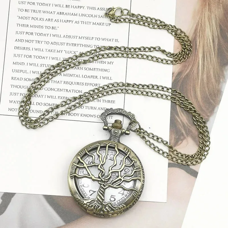 Bronze Hollow Tree of Life Design Pocket Watch Roman Numerals Quartz Pocket Watches with Chain Necklace for Men Women