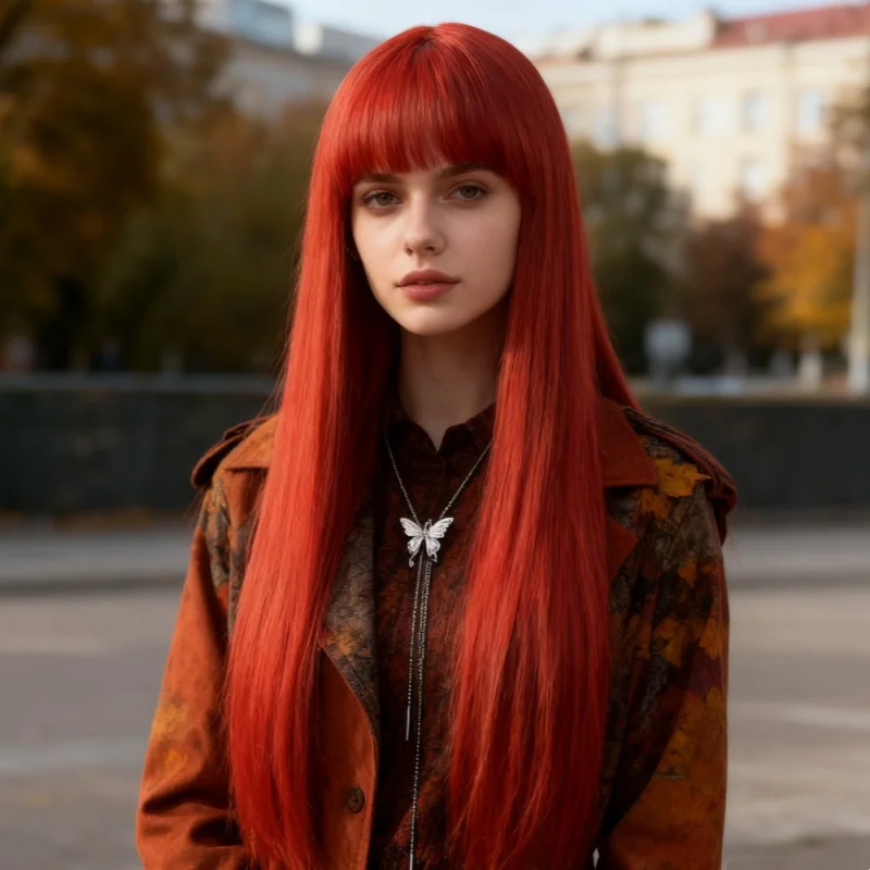 

Европейский и американский модный парик для женщин, красные длинные прямые волосы, средняя часть, реалистичная кожа головы, полный парик, зарубежная доставка