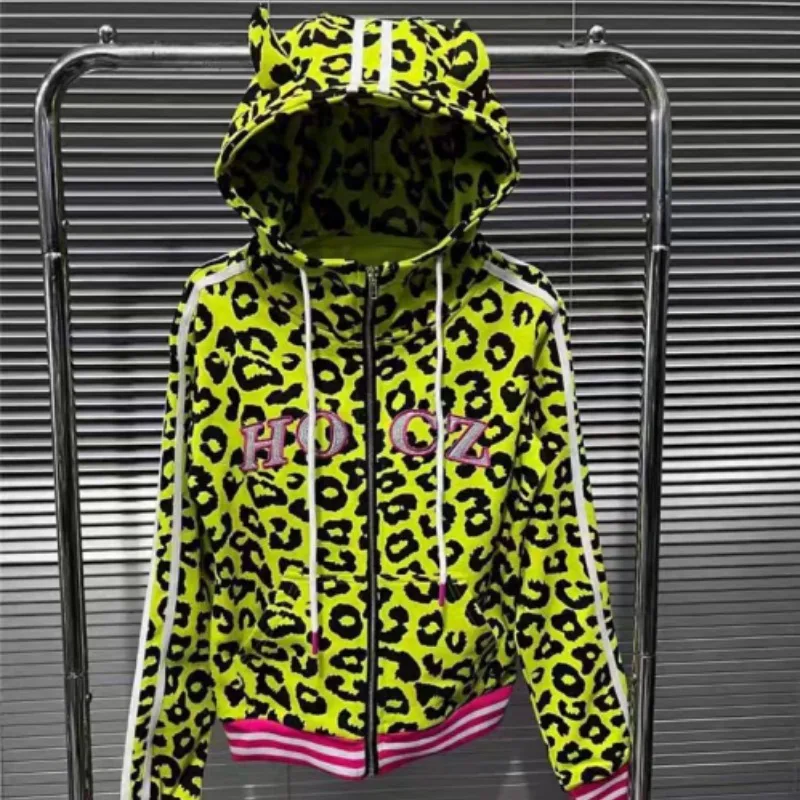 Yellow Leopard Print Devil Horn Hoodie Zipper Jacket Men's Style XGY2K Customizable Personalized Streetwear Sweatshirt