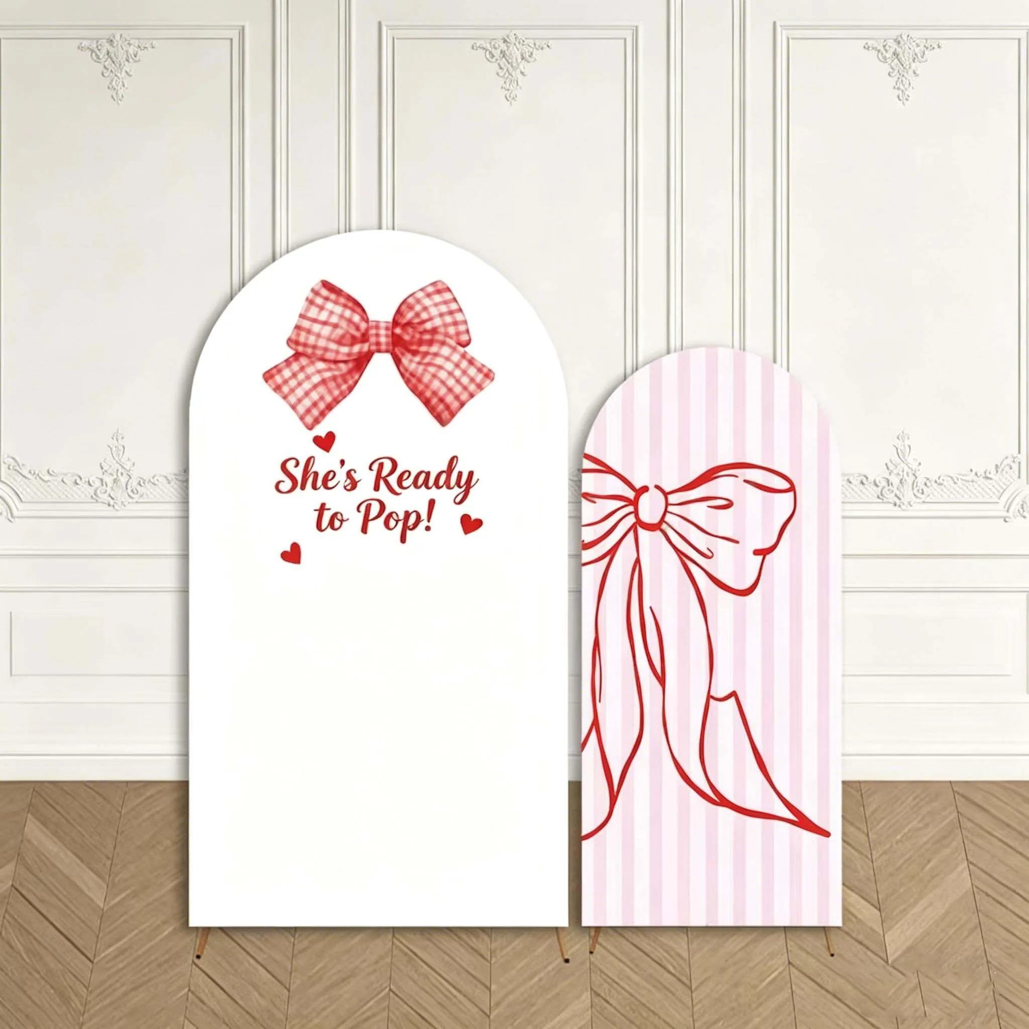 Custom 2-Side She's Ready to Pop Baby Shower Arch Cover Backdrop Pink Blue Plaid Bow Birthday Party Decor Backdrop Photo