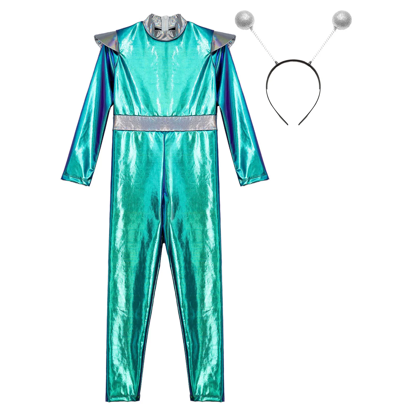 Boys Girls Halloween Alien Costume Holographic Full Length Bodysuit+ Hair Hoop Alien Cosplay Suit School Show Metallic Jumpsuit