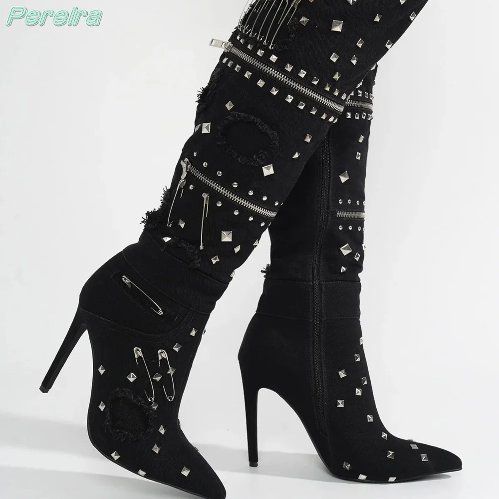 Pereira Solid Black Pointed Toe Boots Stiletto Mental Double Pins Zipper High Heels Rivets Knee-High Boots Side Zipper New Shoes