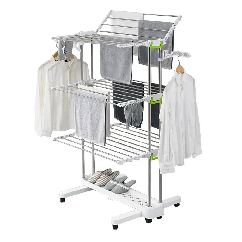 Multifunctional Mobile Floor Folding Stainless Steel Double Pole Lift Drying Rack Towel Rack Quilt Shoes Drying Rack