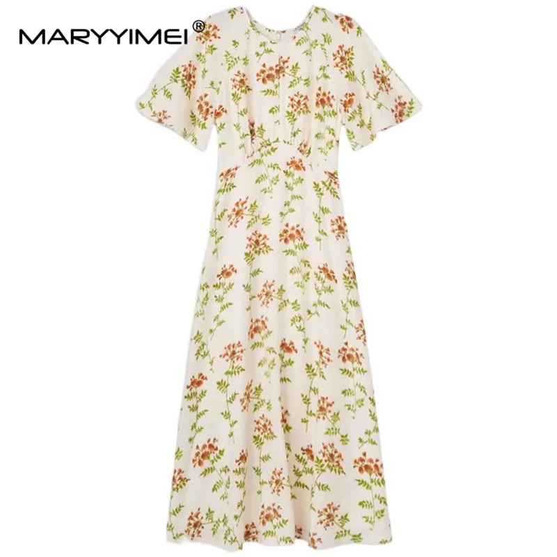 MARYYIMEI Fashion Designer Summer Women's dress Short sleeved Floral-Print Elegant Silk Dresses