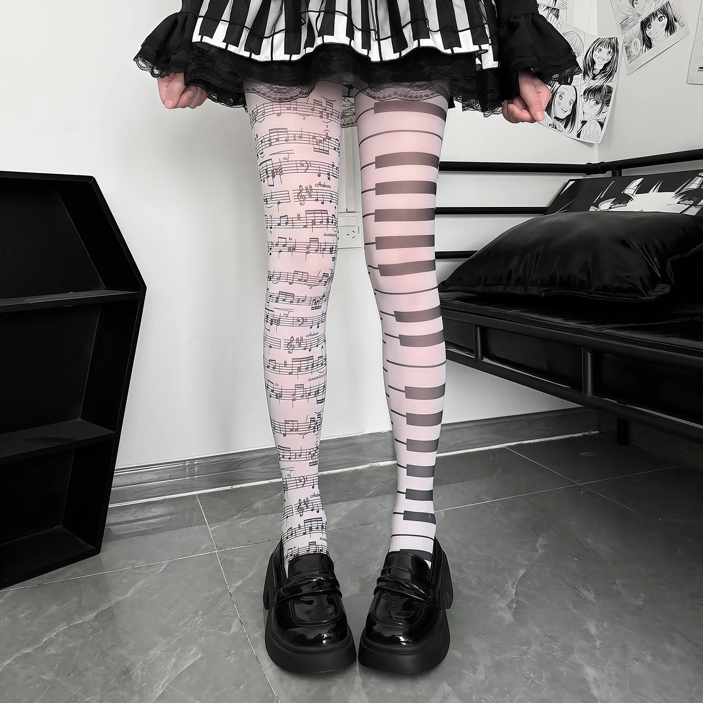 Funky Y2k Music Note Piano Pattern Tights Gothic White Thin One Size Girls Funny Subculture Graffiti Punk Printing Stocking