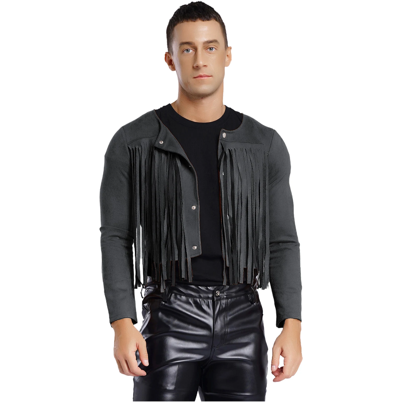 Cardigan in pelle scamosciata vintage alla moda da uomo Halloween Western Cowboy Cosplay Crop Jackets Gilet con nappa folclórica hippie a maniche lunghe