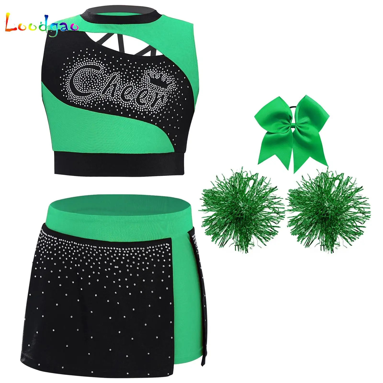 

Teens Girls Sparkling Cheerleader Set Kids Rhinestone Crop Top And Side Slit Skirt with Accessories for Halloween Competitions