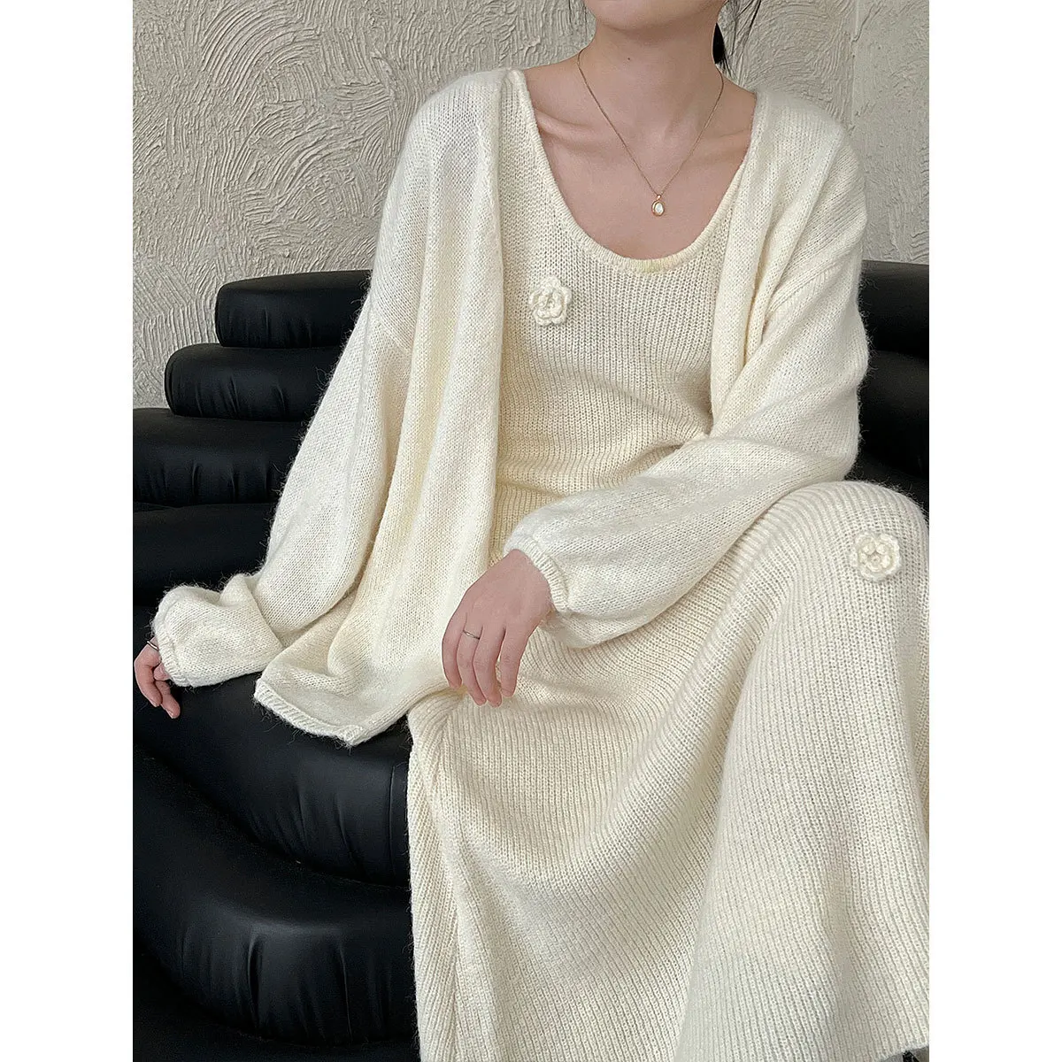 UMI MAO 한국 스타일 가을 겨울 신상 레이지 스타일 베스트 드레스 + 가디건 재킷 여성용 입체 꽃 투피스 세트