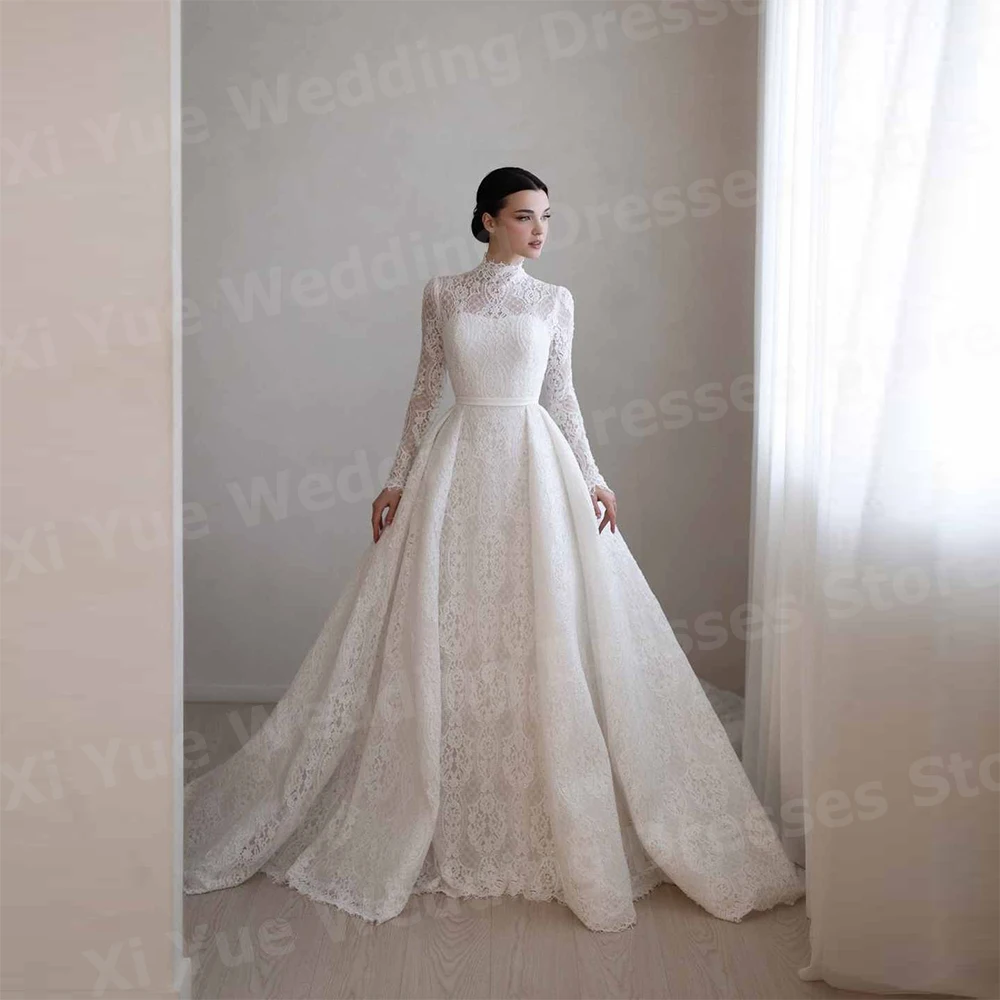 Exquisite A Line Women's Wedding Dresses High Neck Lace Appliques Vestido De Novia Bride Gowns Customized Long Sleeve Vestido