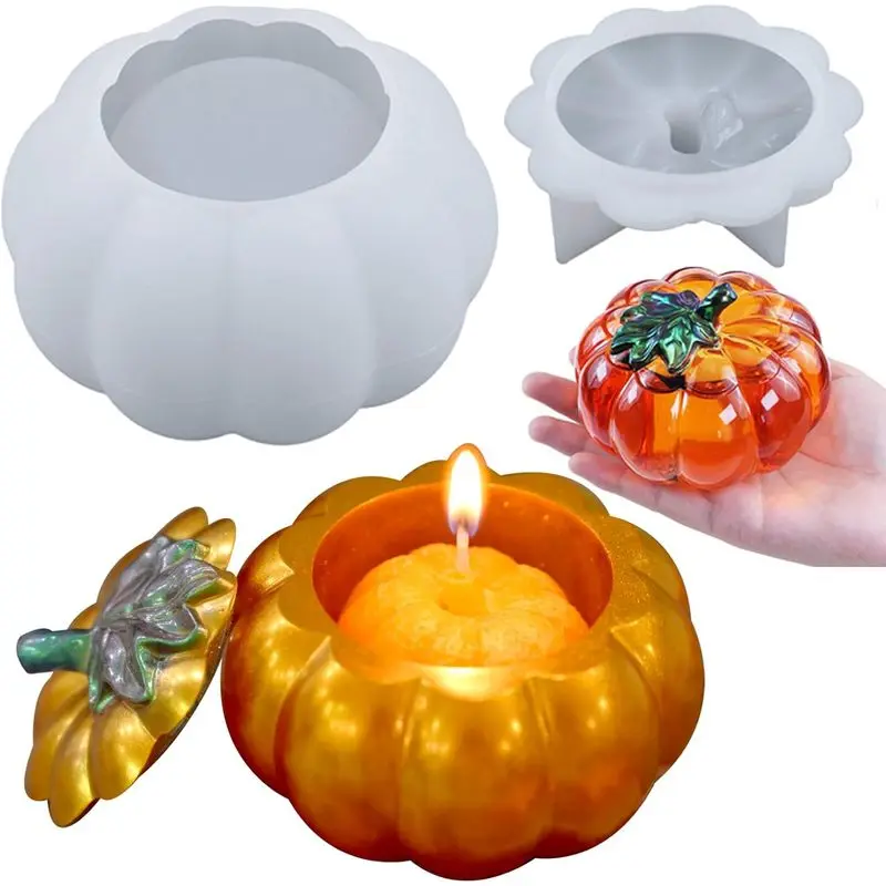 Moule en résine de silicone pour pot de rangement en forme de citrouille avec couvercle, moule de moulage en époxy pour Halloween, Thanksgiving, automne, pour boîte à bijoux, bougie