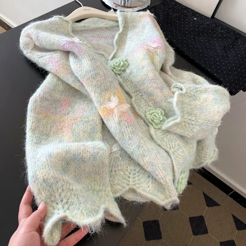 

Fashion New Ruffled V-neck Knitwear Coats Women's Luxury Flare Sleeve Cardigan Sweet Girls 3D Butterfly Warm Knitted Sweaters