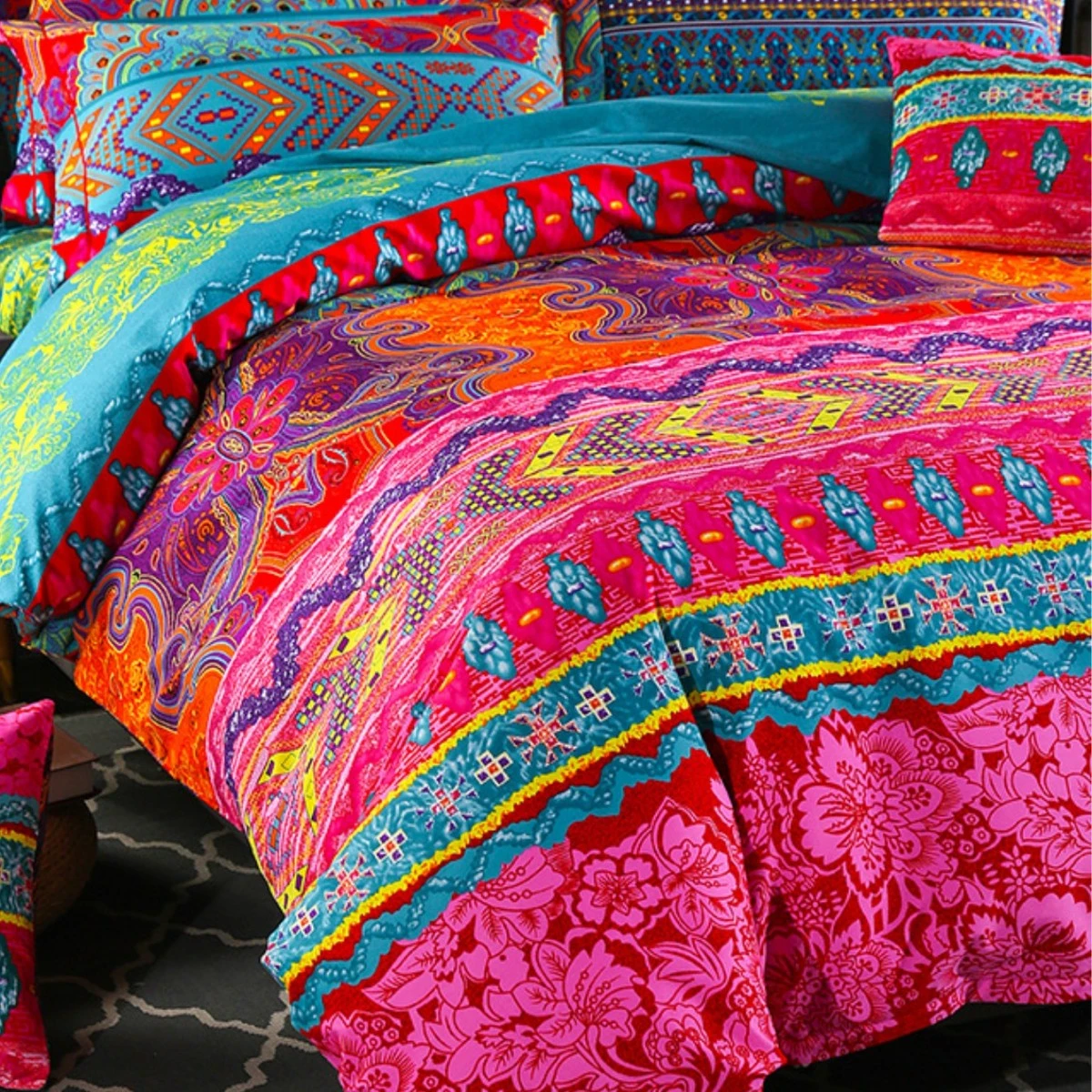 Imagem -03 - Exótico Boho Conjunto de Capa Edredão Macio Boêmio Cama Vermelho Teal Mandala Impresso Cama Reversível Listrado Zíper Capa Edredão