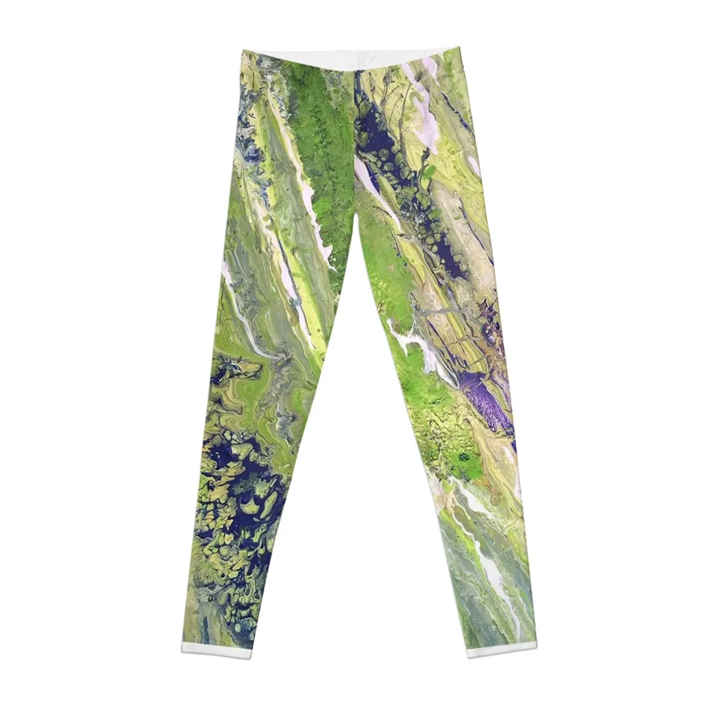 Contemporary Modern Art Design Green, White, Blue Paint Pours Leggings Training pants Women sportwear Womens Leggings