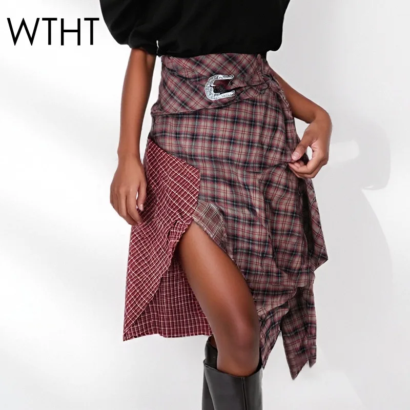 

WTHT New Fashion Women's Irregular Patchwork Plaid Design Long Skirts 2025 Summer Trendy High Waist A-line Skirt Female 1LS2416