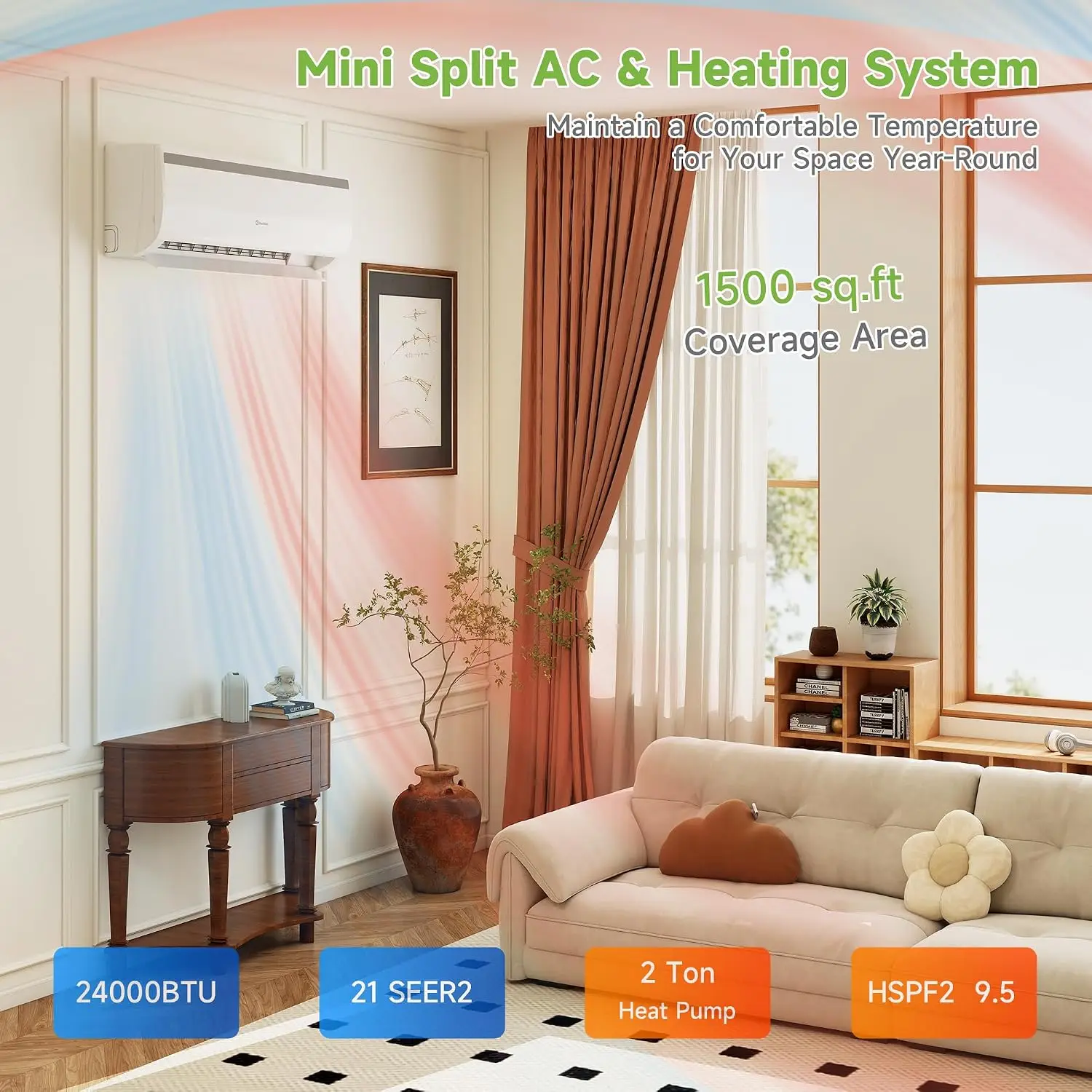24000 BTU Mini Split Heat Pump, 208-230V Inverter WiFi Alexa | 21 SEER2, 2 Ton Heat Pump, 1500 Sq.Ft,Pre-Charged, Customized