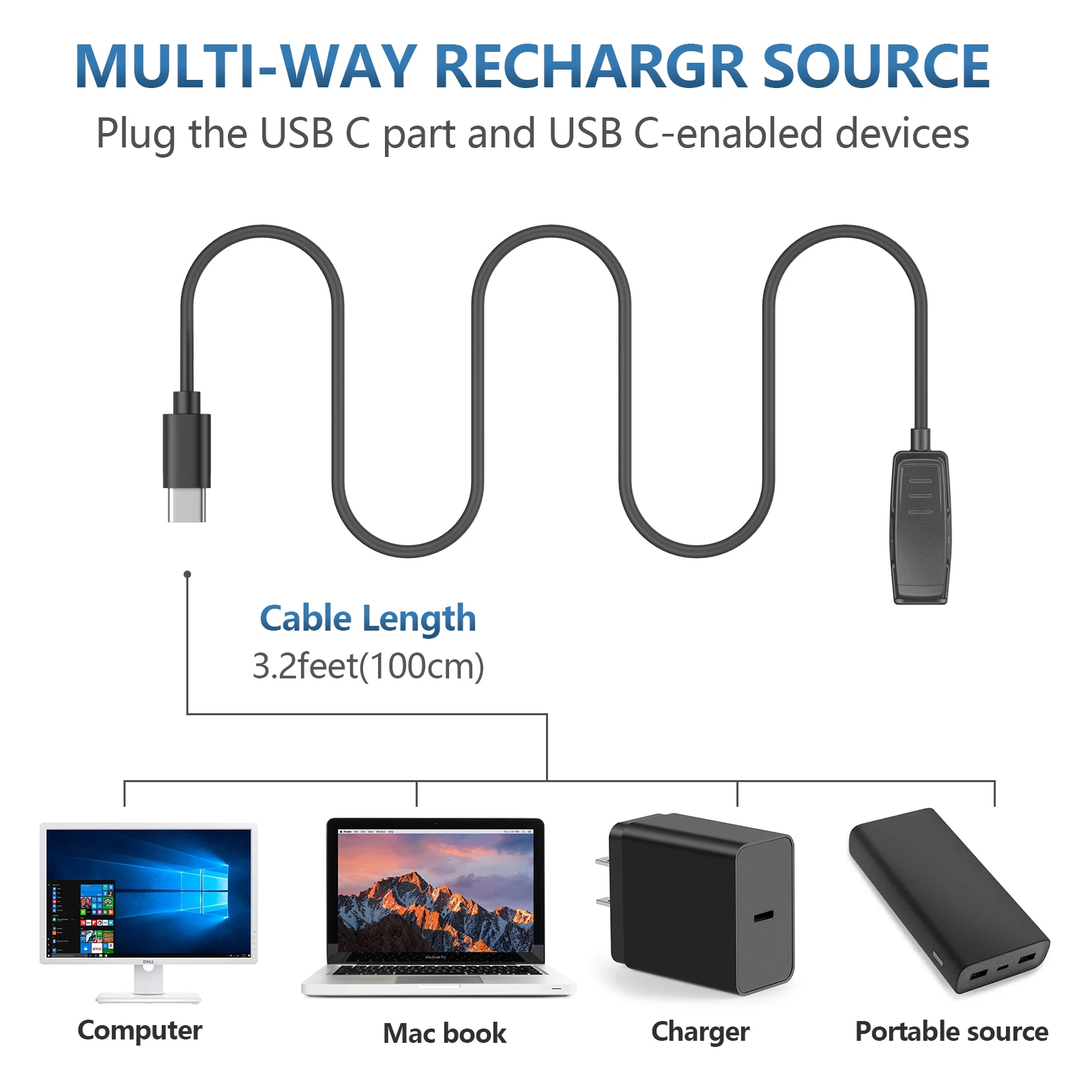 50cm/100cm Type C Charging Cable For Approach G10 S20 For Garmin Forerunner 35 230 235 630 735xt 645 Music Charger Clip Cradle