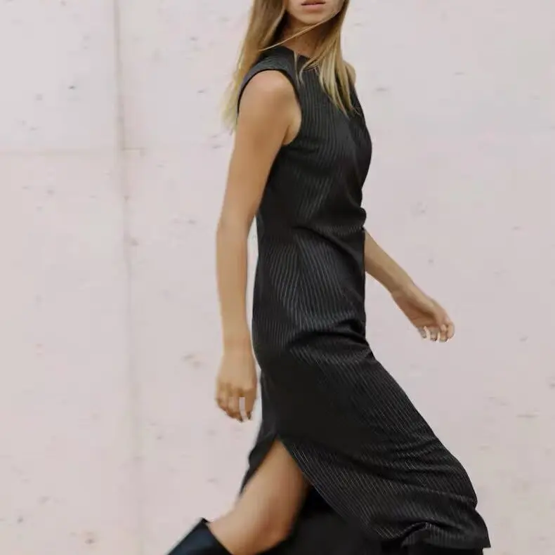 Jesień Zima Nowości Damskie Sukienki Midi w Paski Svel ZR Sle Faion Streetwear Poliester Okrągły Dekolt Guzik...