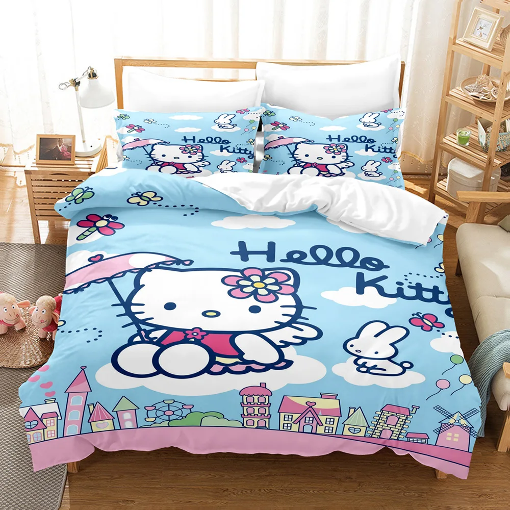 Sanrio Cartoon Anime Kuromi Hello Cat Kitt Cartoon 3D Digital Printing Quilt Cover Pillowcase Bedding Three-piece Set Cosplay