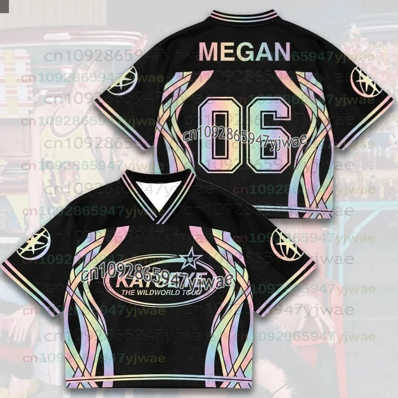 2026 Neues leuchtendes Katseye The Wildworld Tour Mesh-Jersey Geschenk für Eyekons Bunte gebogene Streifen Schwarzes T-Shirt für Männer Frauen Fans Oberteile – Detail 4