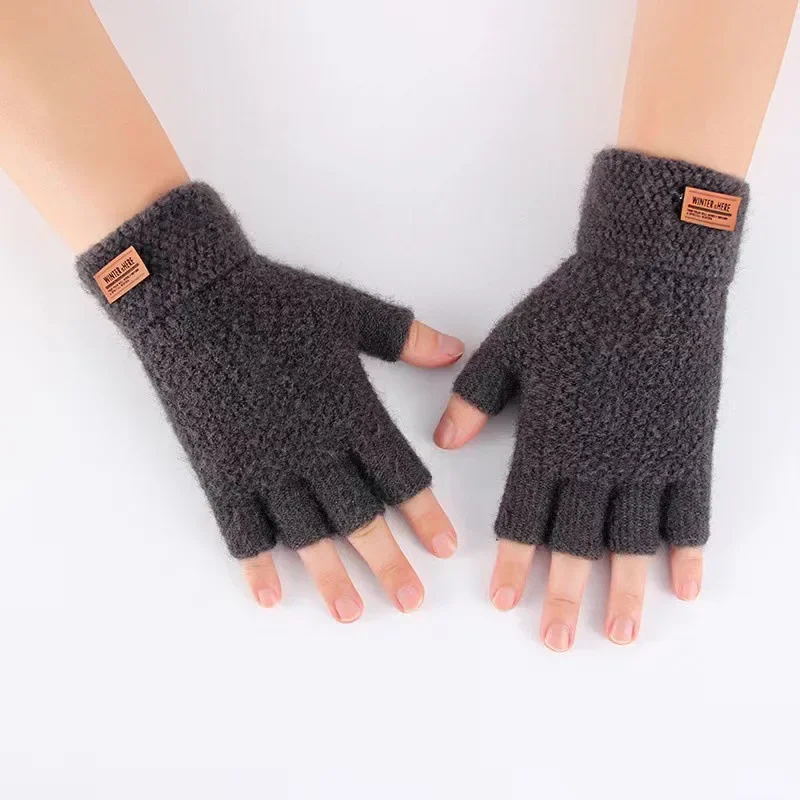 Gants d\'hiver sans doigts pour hommes, demi-doigt écriture bureau tricoté en laine d\'alpaga chaud avec étiquette en cuir, gants de conduite