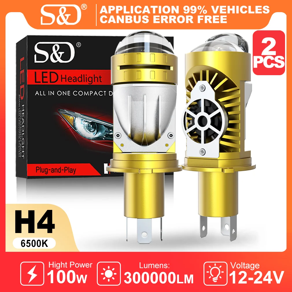 

S&D H4 Bi Led Projector Lens Headlights Double Lens Car Bulbs 300000LM 100W 6500K Canbus Plug and Play Motorcycle Auto Headlamps