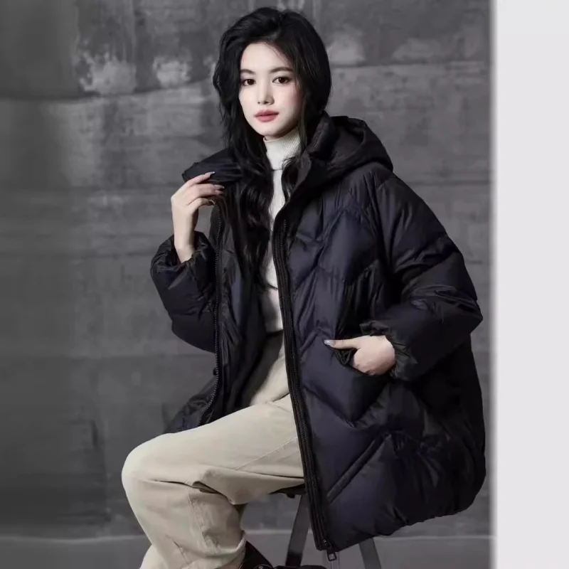 Women's Hooded Medium Length Down Jacket, Warm Casual Coats, Down Fill Parkas, Korean Fashion, Autumn, Winter, 2024