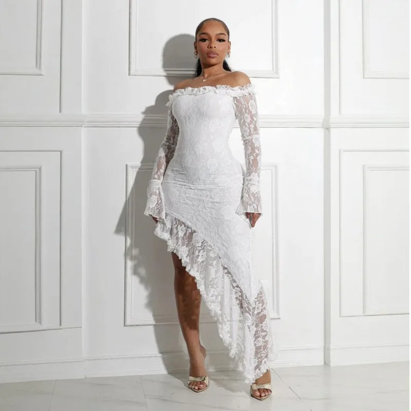 KEXU Full Sleeve Lace See Through Ruffles Bodycon Irregular Long Dress Summer Birthday Women Sexy Night Party Dresses Vestido