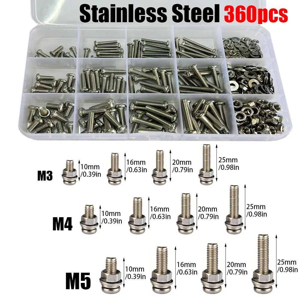 360-Piece Stainless Steel Crosshead Machine Nuts and Bolts Set, Including M3, M4, M5, for Industrial and Scientific Applications