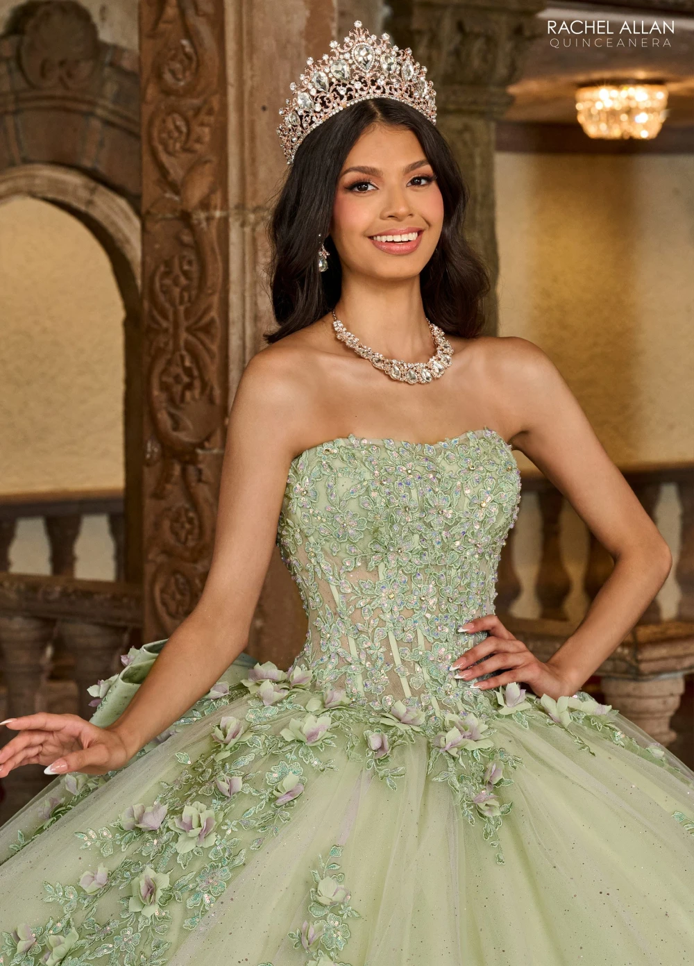 إيفلاست بريق حكيم Quinceanera اللباس ، ثوب الكرة ، زخارف الزهور ، الديكور الكريستال القوس مشد ، الحلو 16 ، 15 عاما ، TQD445