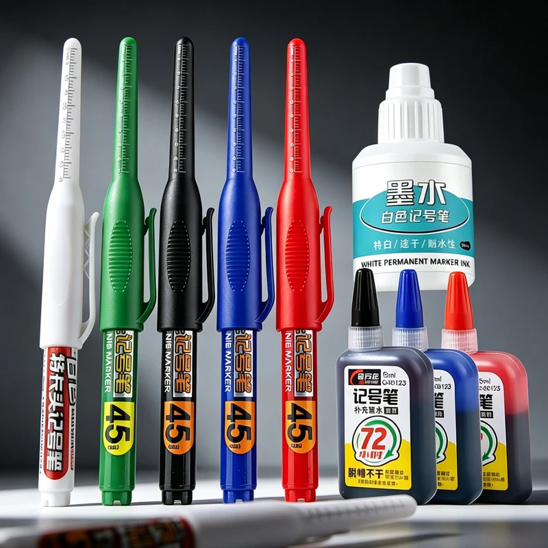 45mm Permanent Deep Hole Paint Marker Pens Set Long Nib Head Carpenter Pen Waterproof for Measuring Woodworking Office White