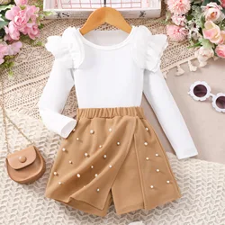 Girl's neat color long sleeved round neck top+elastic waist nail bead skirt pants set