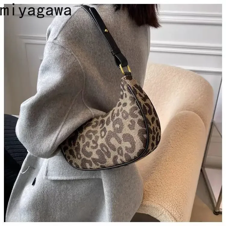 Miyagawa Contrast Color Bag Women\'s 2023 New Fashion Leopard Underarm Bag Single Shoulder Oblique Straddle Handbag