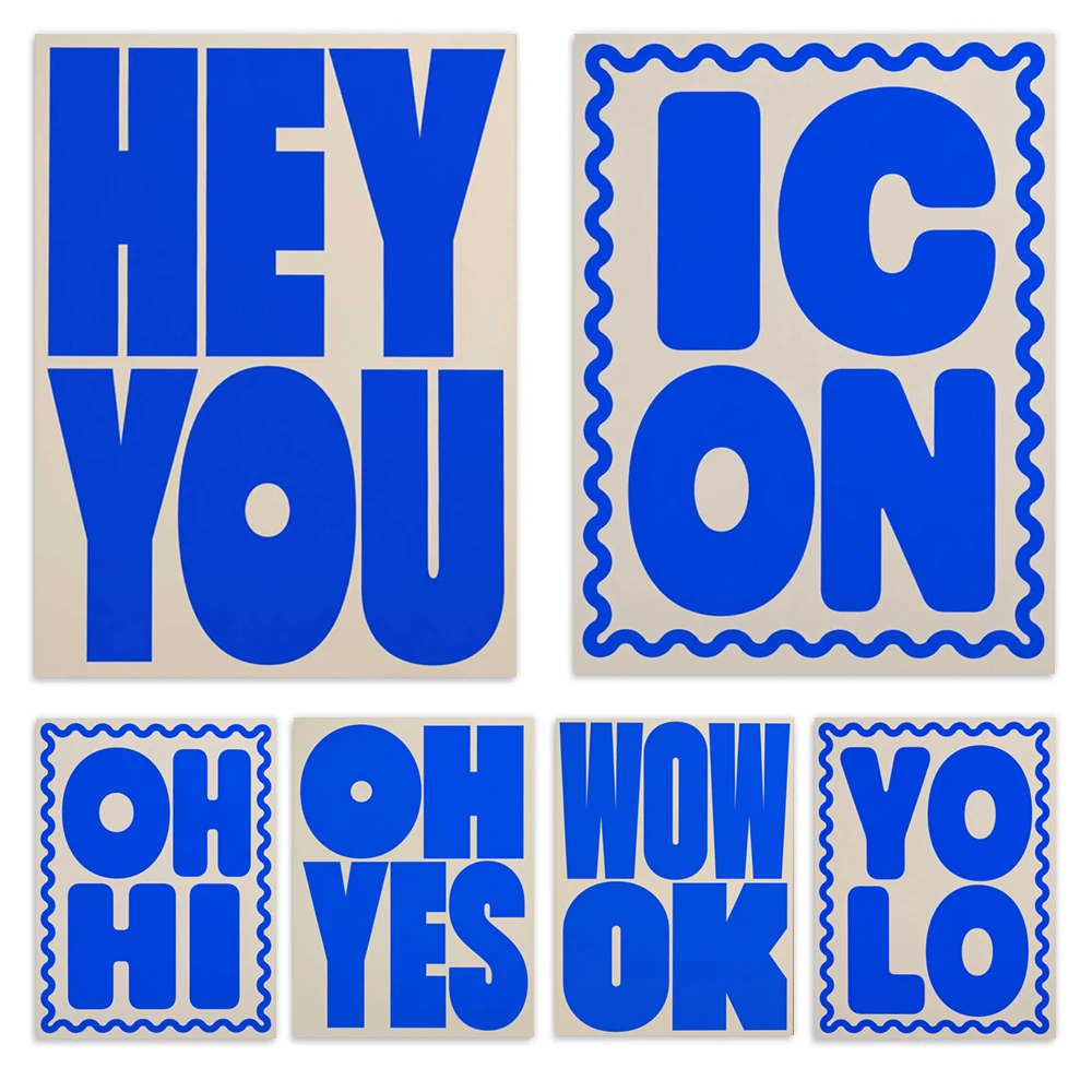 Ohio font, Hello, Oh Yeah font prints, striking blue geometric letters, modern minimalist art office decoration posters.