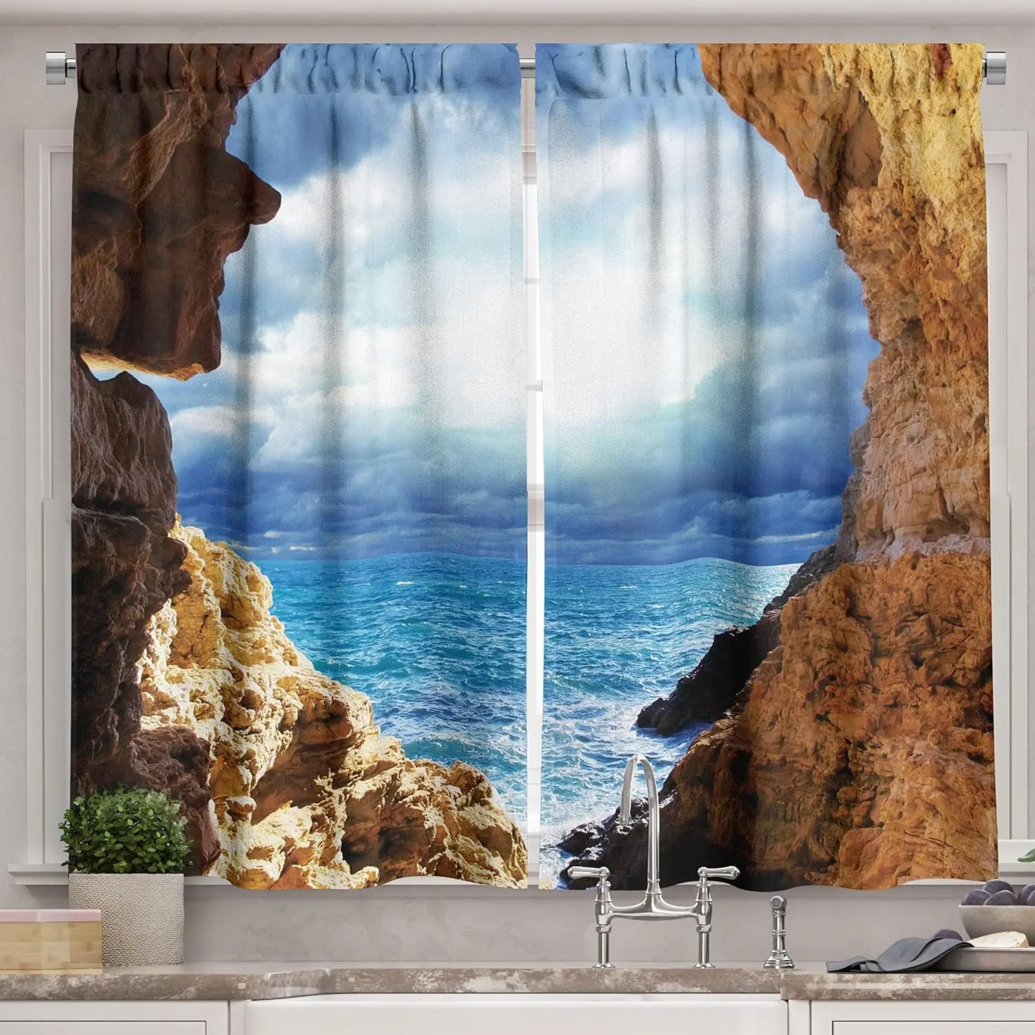 Nautical Kitchen Curtains, Ocean View Through Cave Skyline with Clouds Waves Nautical Sea Marine Image Art, Window Drapes Panel
