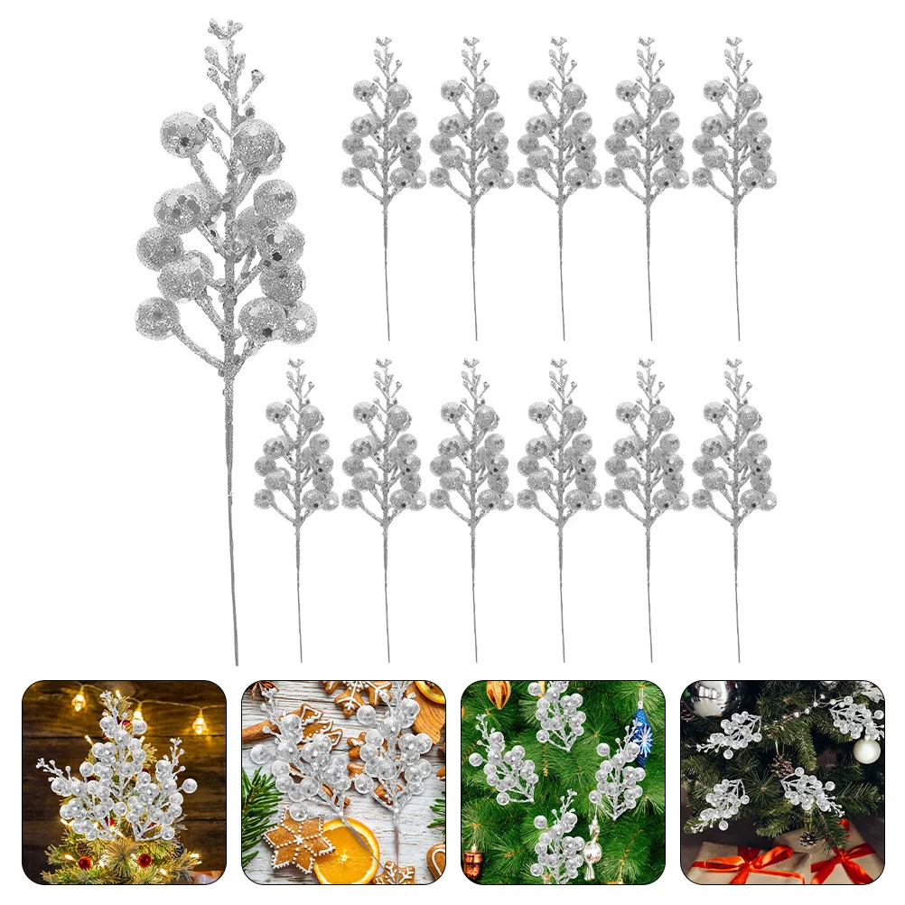 

12 Pcs Decorations Xmas Ornaments Big Christmas Glitter Picks Berries Stems Sticks