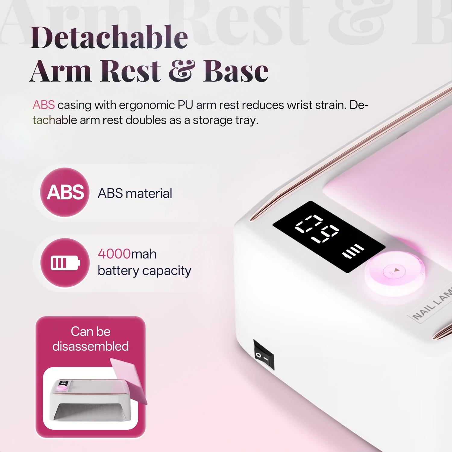 ネイルランプ - ジェルネイル用、取り外し可能なアームレスト付き、充電式ネイルドライヤー、6つのタイマー設定、ネイル専門家に最適